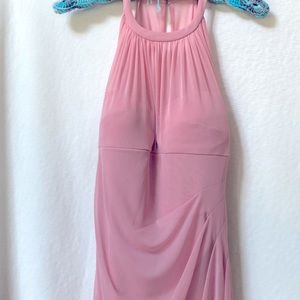 Long pink mesh dress with illusion halter neckline